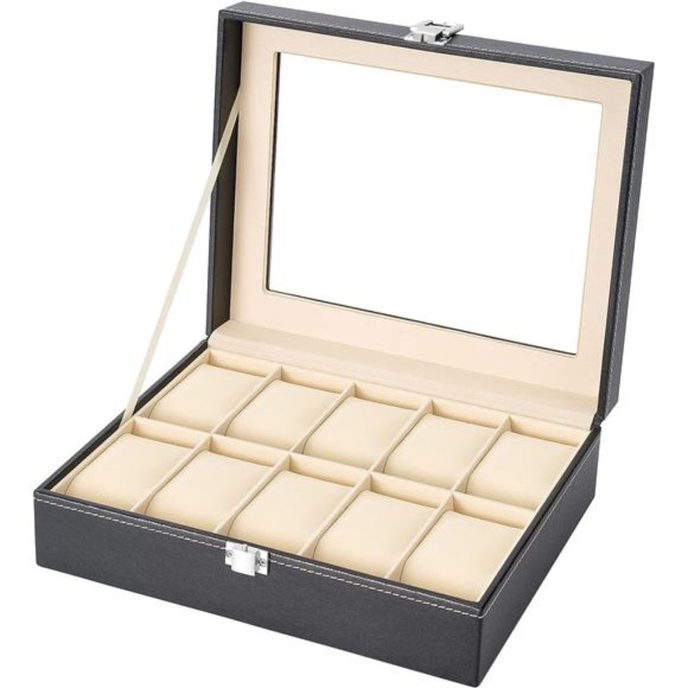 NEW - Watch Box Display Case Leather Jewelry Organizer with Glass Top